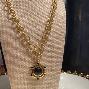 Gold Chain Necklace with Black Medallion Pendant